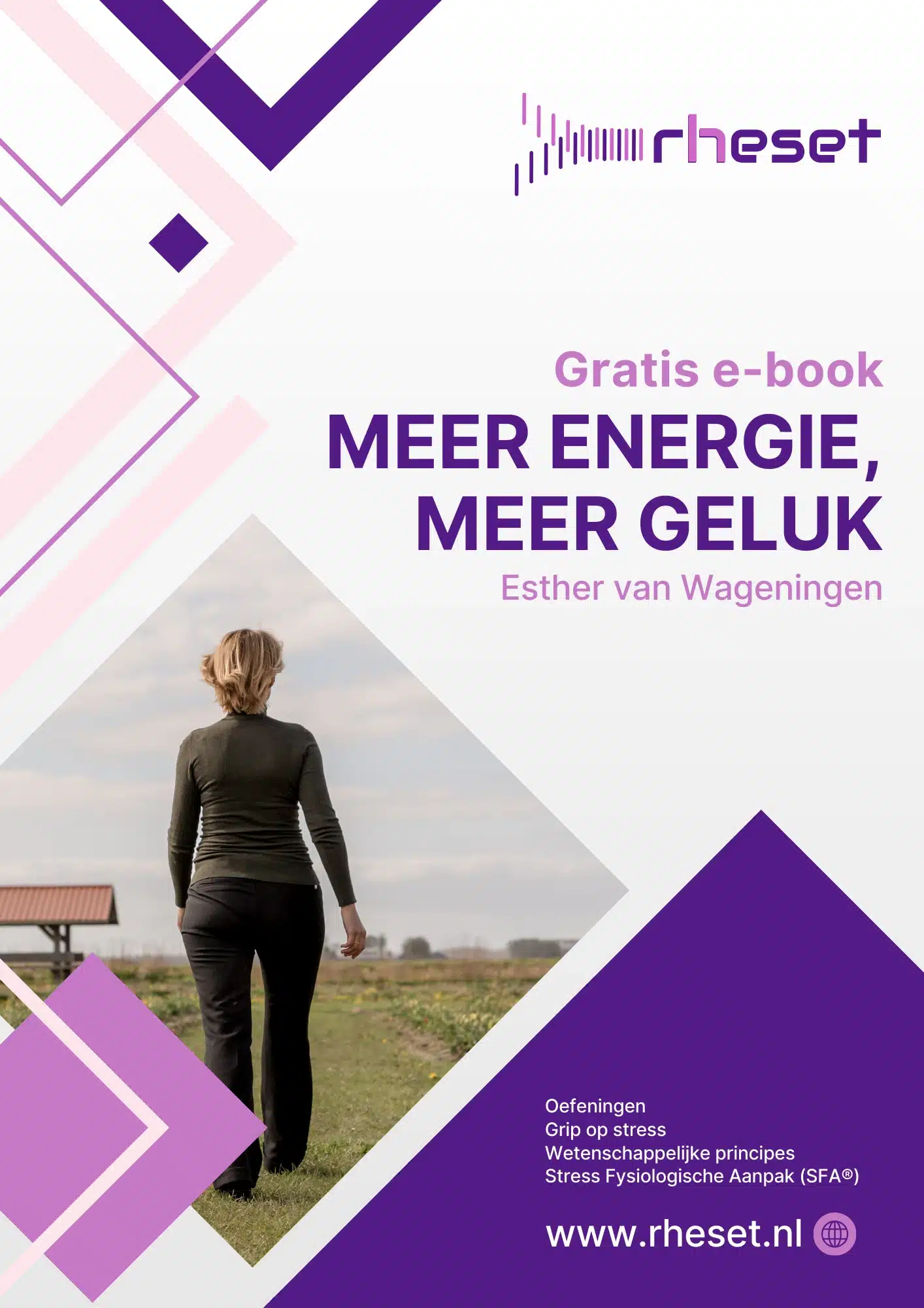 Afbeelding van het e-book 'Meer energie, meer geluk', gericht op het verbeteren van energie en geluk door stressreductie.