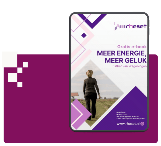 Afbeelding van het e-book 'Meer energie, meer geluk', gericht op het verbeteren van energie en geluk door stressreductie.