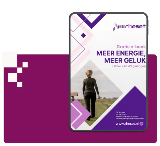 Afbeelding van het e-book 'Meer energie, meer geluk', gericht op het verbeteren van energie en geluk door stressreductie.