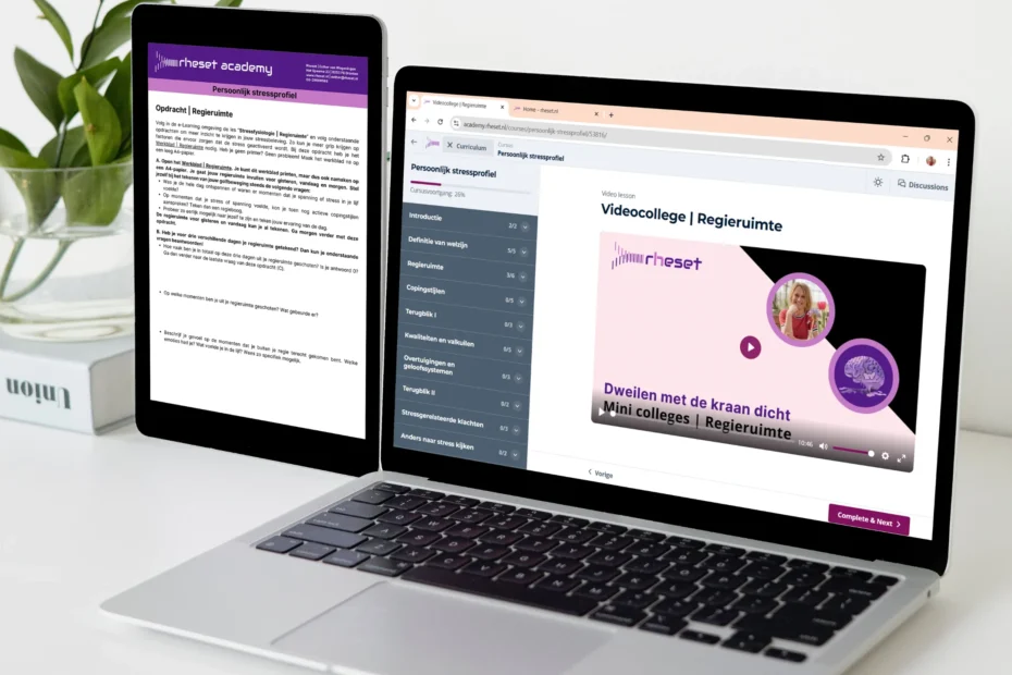 Voorbeeldweergave van de e-learning Persoonlijk Stressprofiel met overzicht van modules over stress, coping en lichaamssignalen